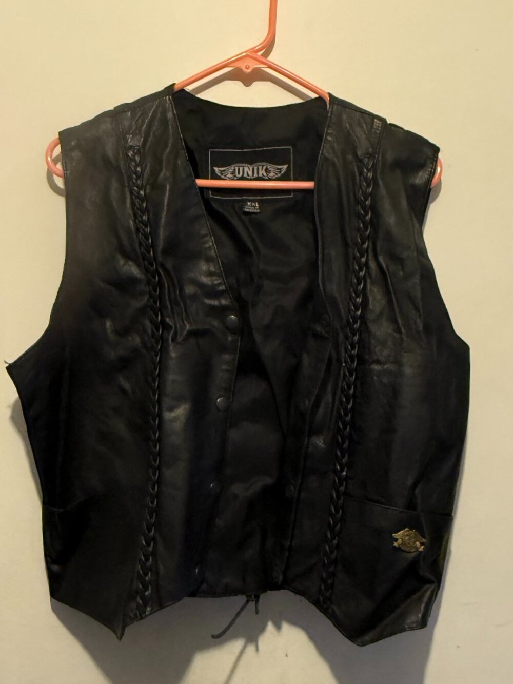 Unik Vest Mens XXL Black Leather Biker Braided Snap Laced Motorcycle (008)